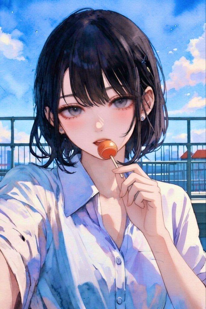 屋上で自撮りするボブシャツちゃん | の人気AIイラスト・グラビア