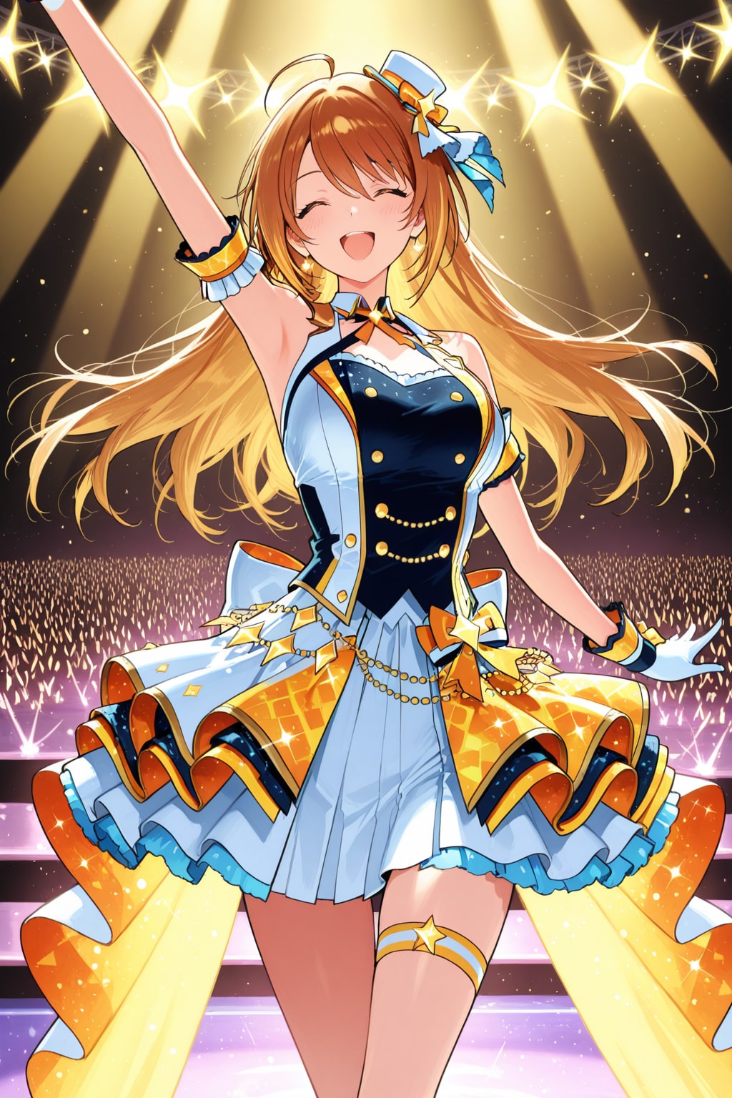 エフェクト飛び交う光のステージで煌めくステージ衣装で舞歌う究極のアイドル | の人気AIイラスト・グラビア