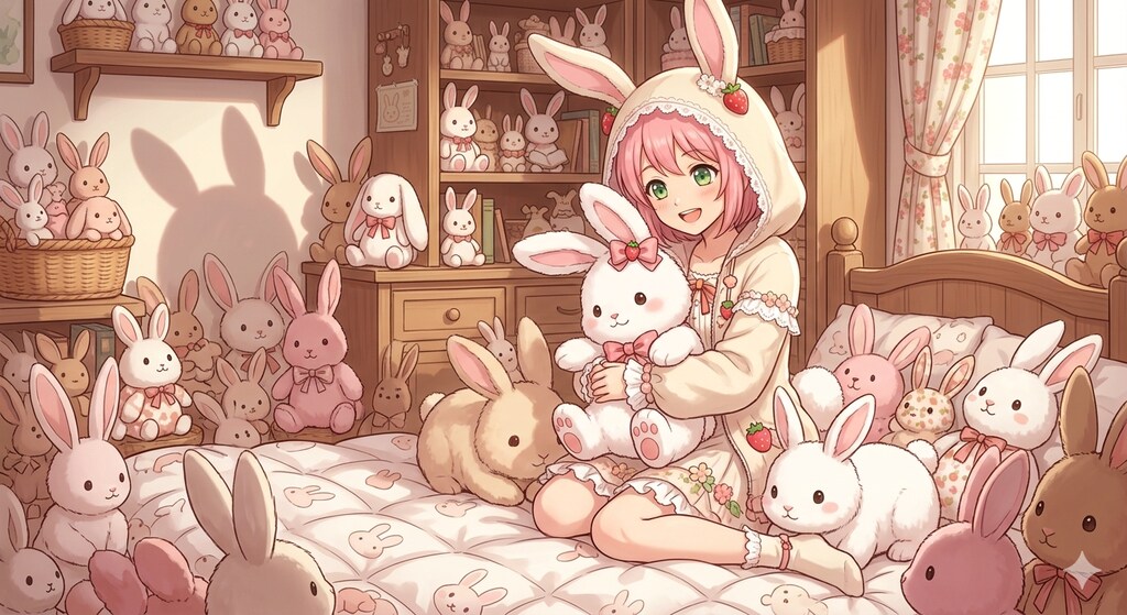 うさぎのぬいぐるみだらけの部屋
