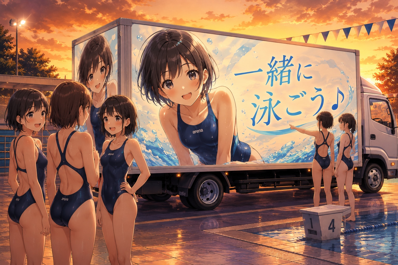 夕暮れのプールサイドで