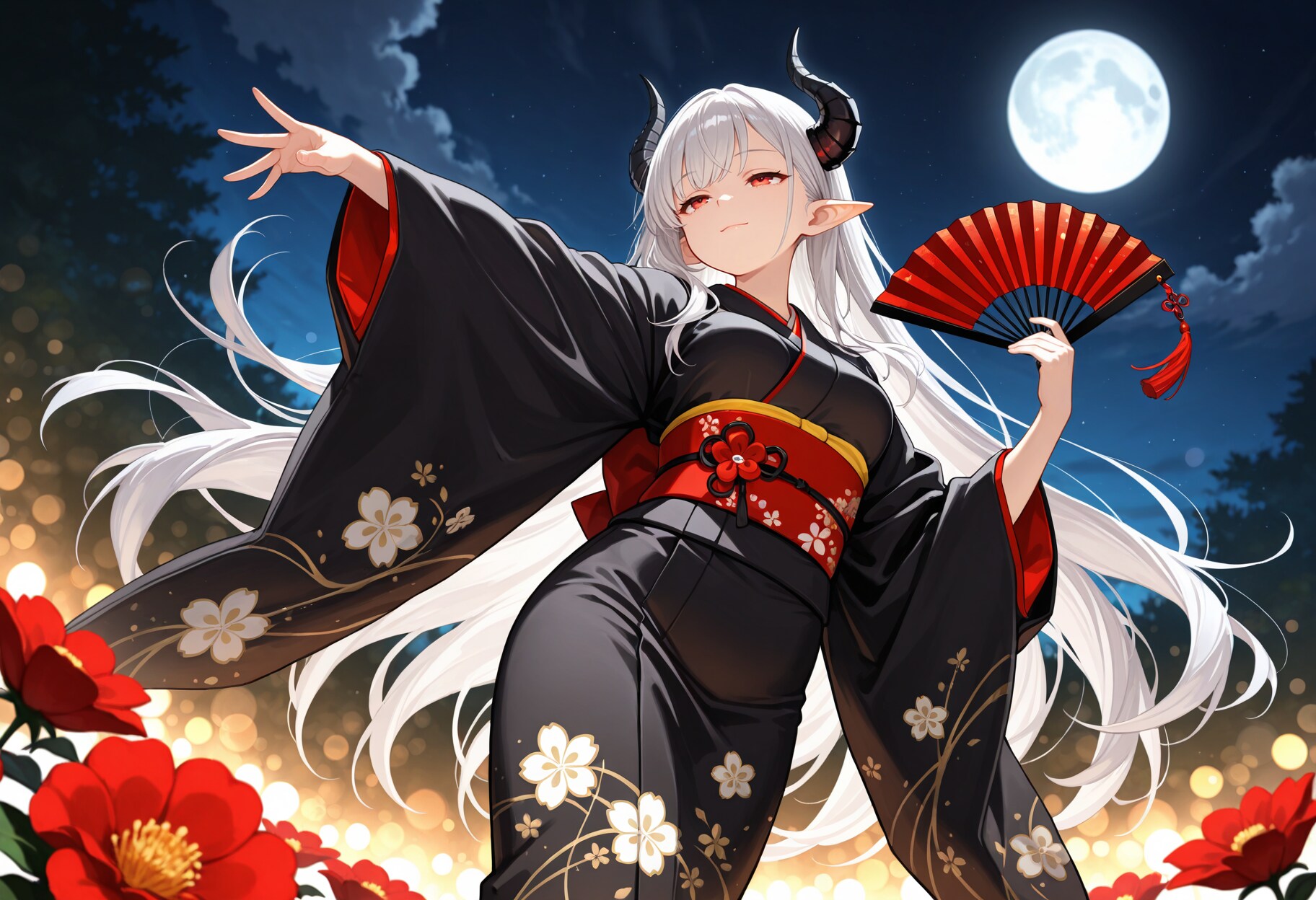 着物で月夜に舞う銀髪竜姫さん