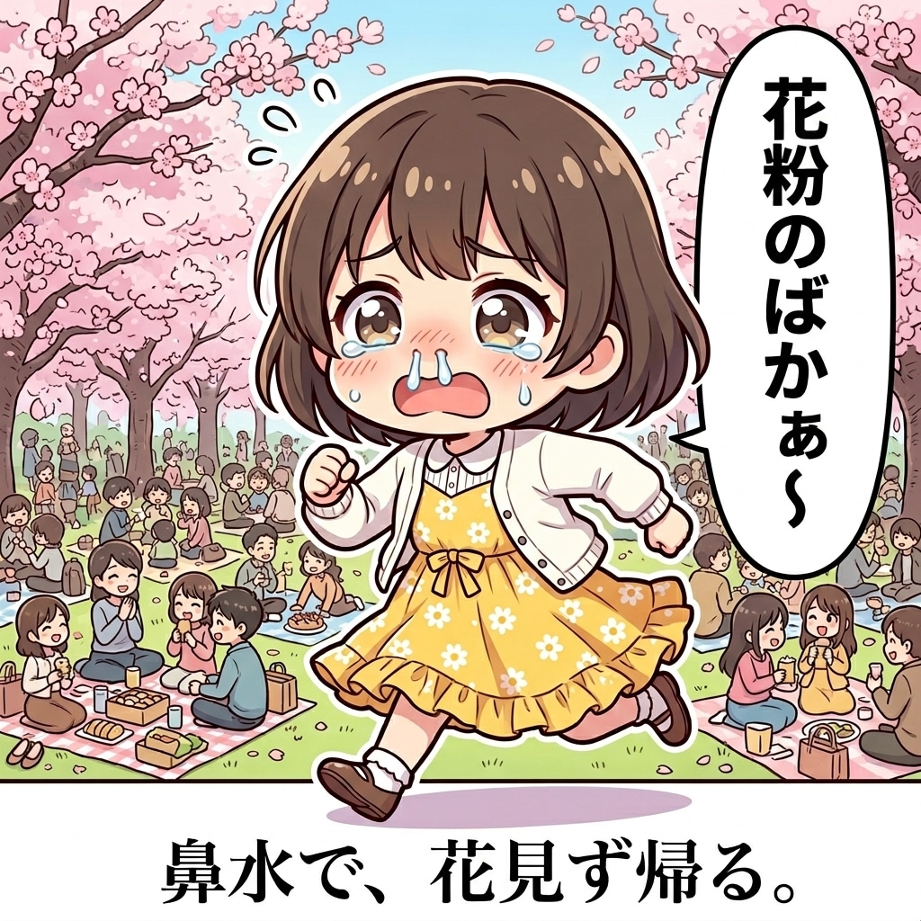 鼻水で、花見ず帰る。
