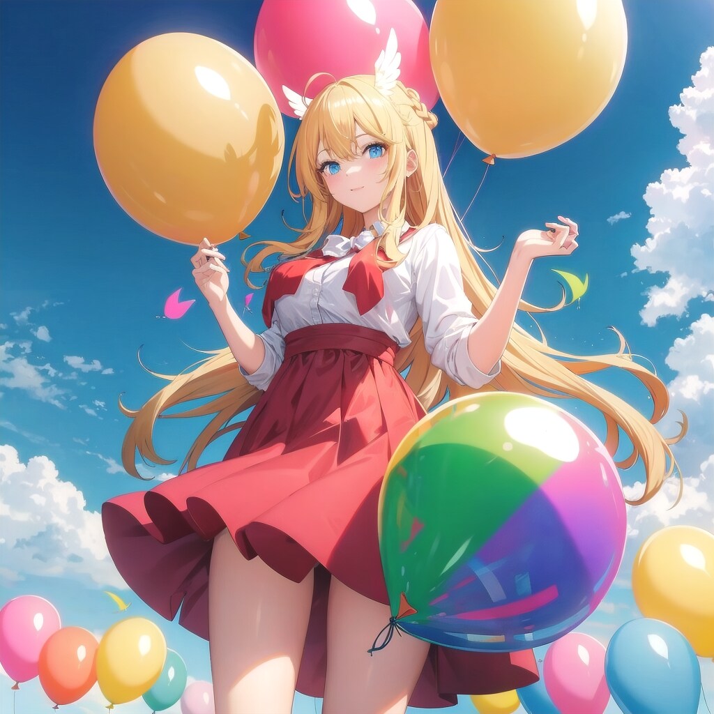 いっぱい色とりどりの風船を持つブロンドロングの天使の羽付けた美女 | の人気AIイラスト・グラビア