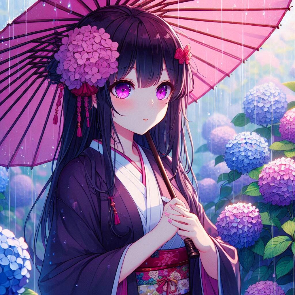 傘をさした和服なうちの子と、紫陽花＊(7枚)