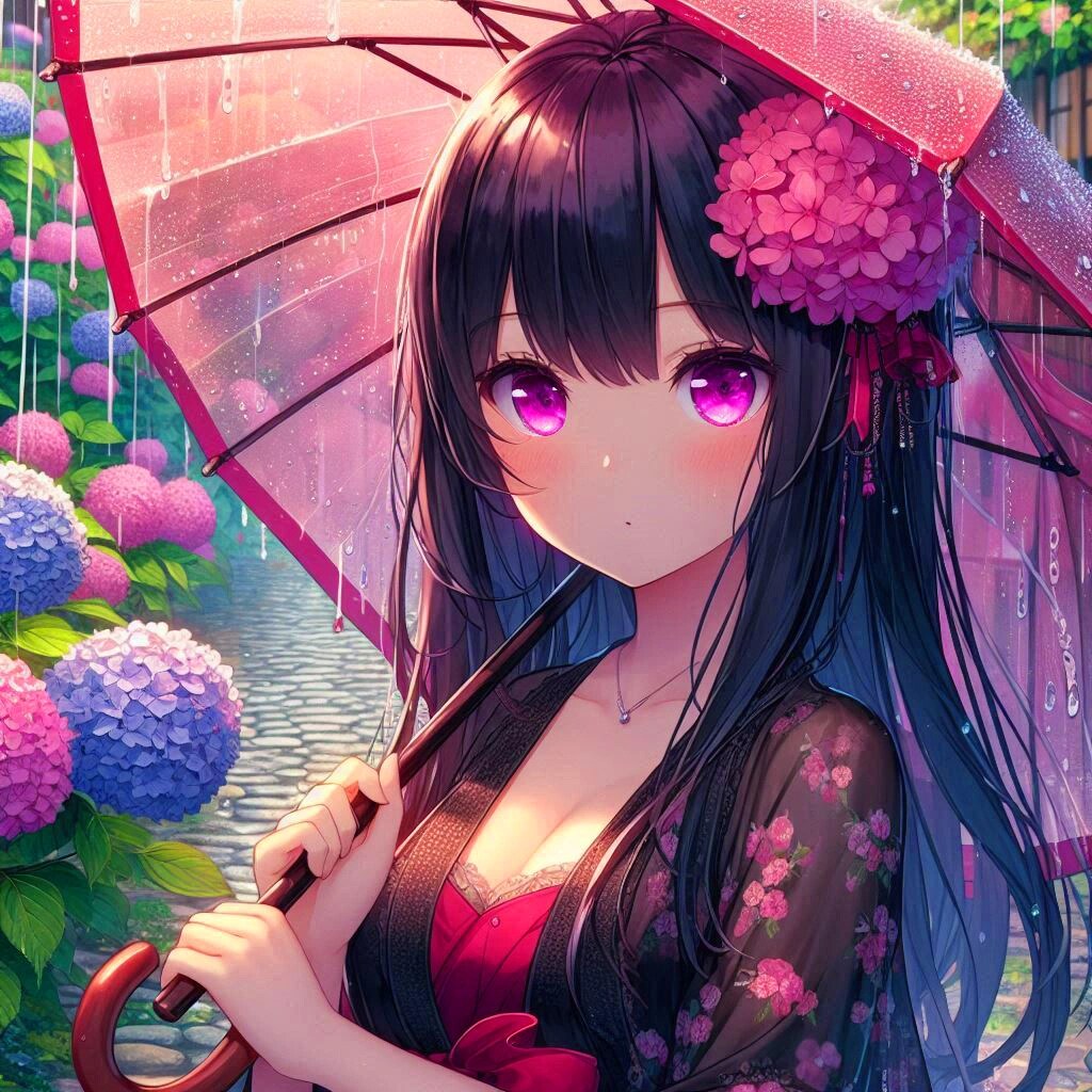 傘をさした和服なうちの子と、紫陽花＊(7枚) | の人気AIイラスト・グラビア