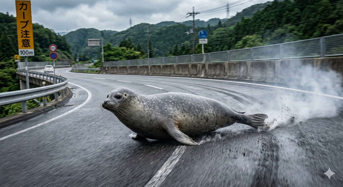 高速道路でドリフトするアザラシ(実写風)