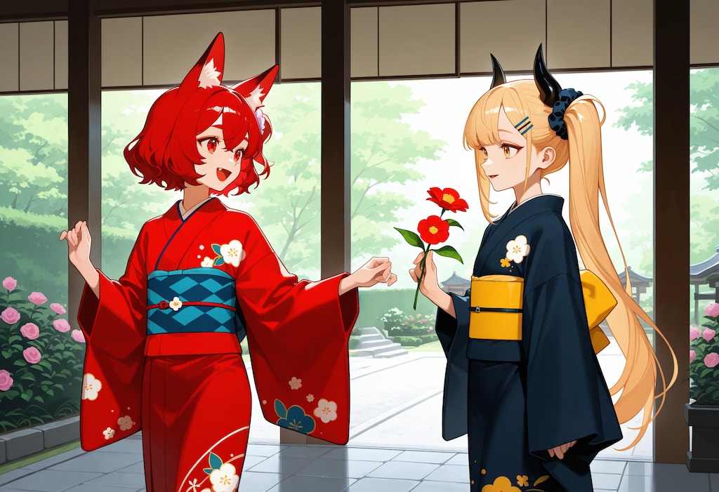 カエデさんと日本庭園を楽しむ女鬼高生さん