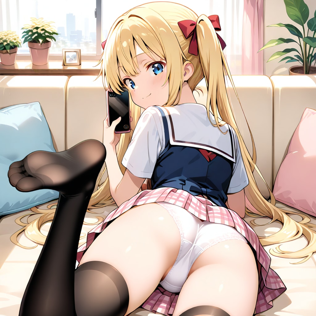 ソファで白パンツ晒してスマホ見る金髪