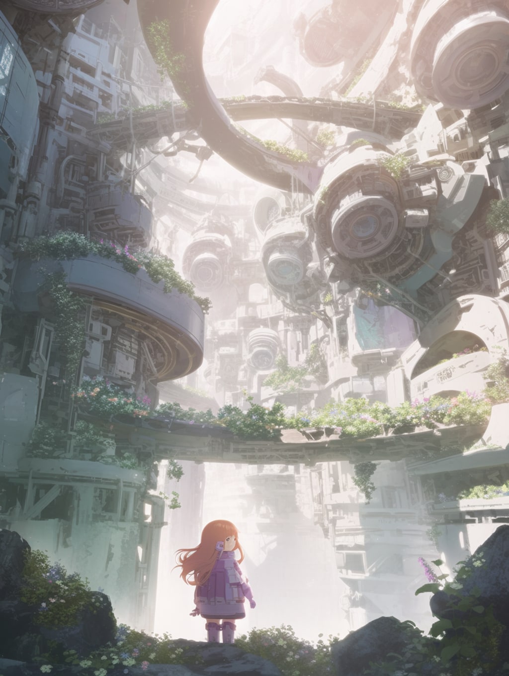 スペースコロニーの中を歩いている女の子 Girl walking through space colony