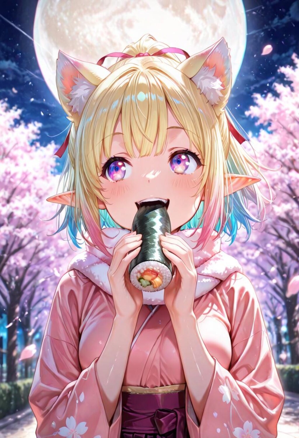 4枚）夜桜と恵方巻