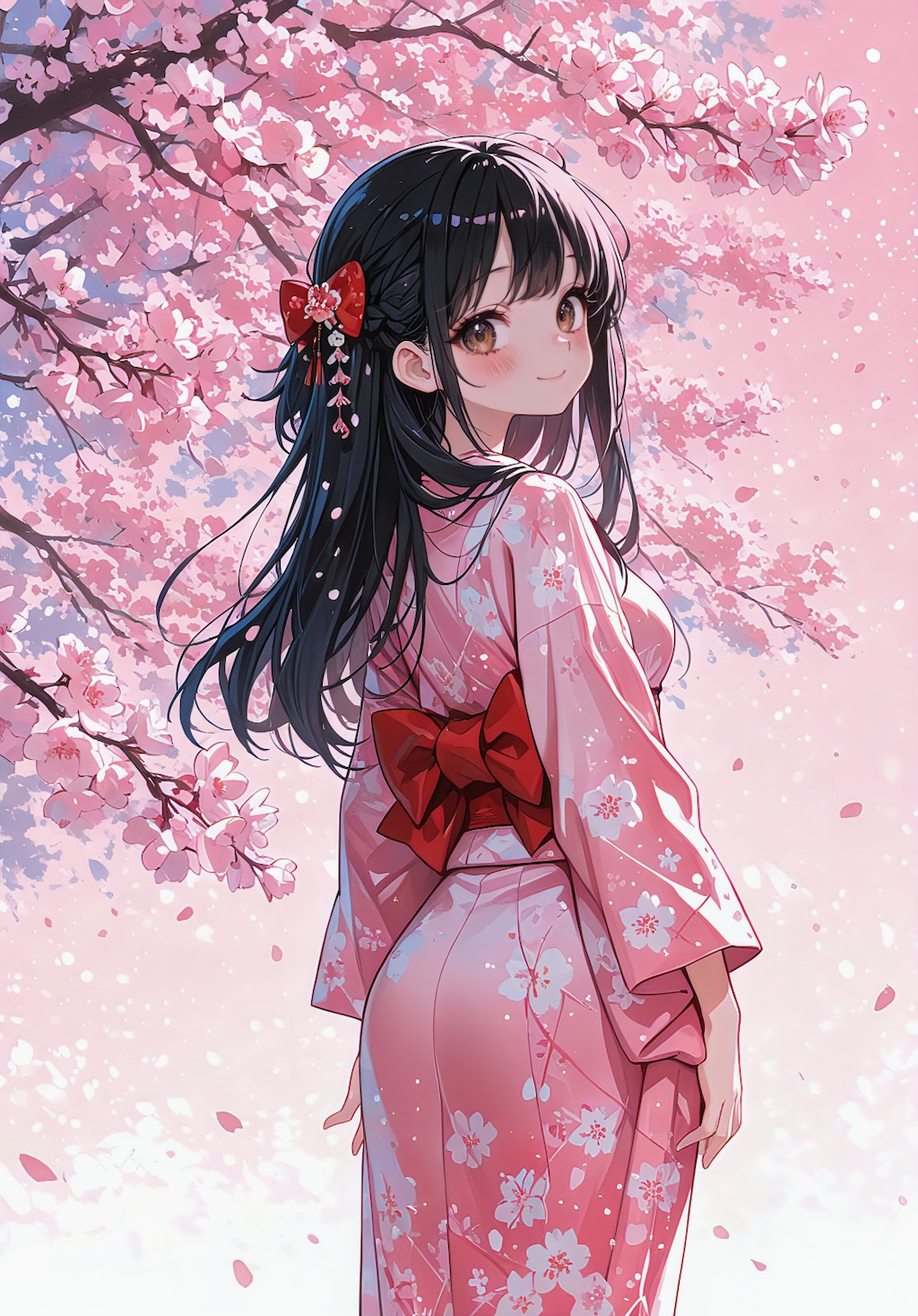 桜の中で、ふと微笑む