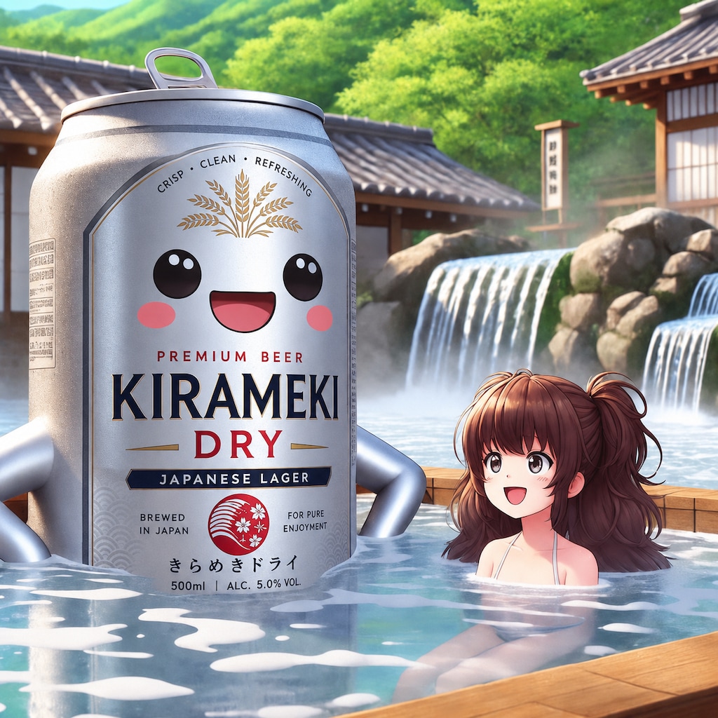 温泉に入るビール缶と小さな女の子