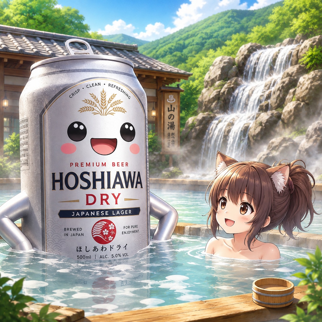温泉に入るビール缶と小さな女の子