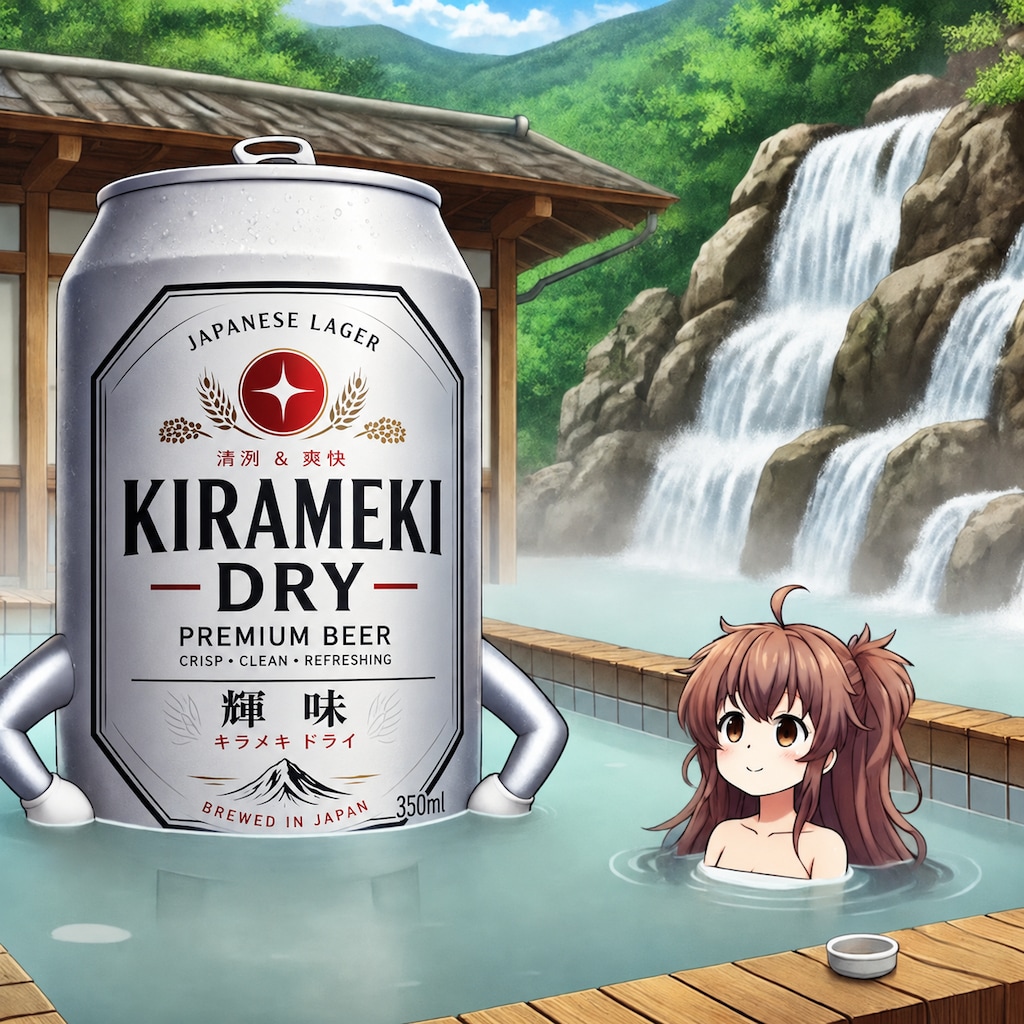 温泉に入るビール缶と小さな女の子