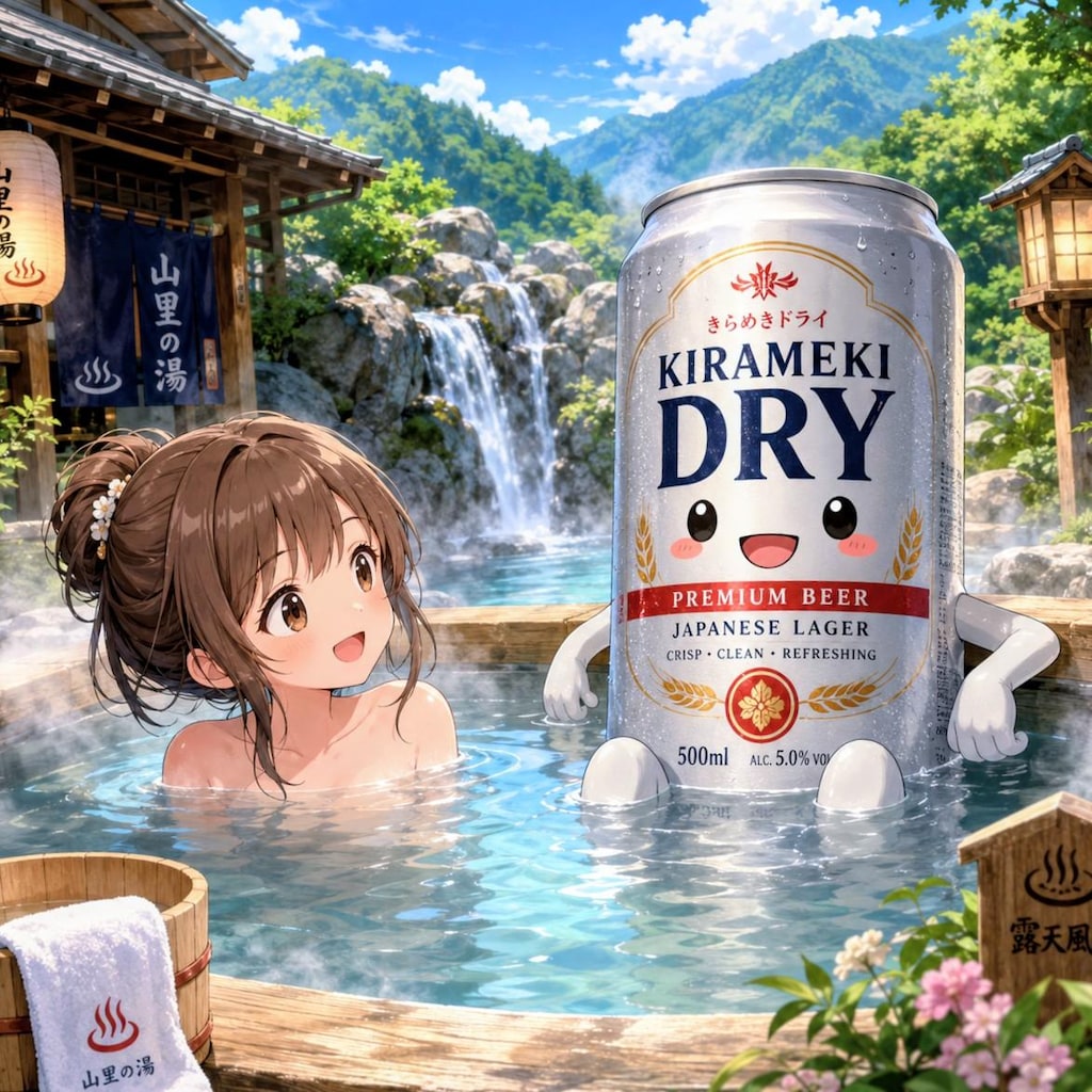 温泉に入るビール缶と小さな女の子