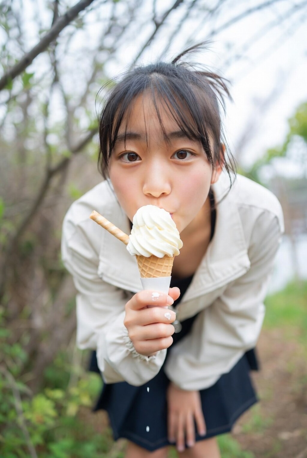 自然の中でアイスを食べる女の子