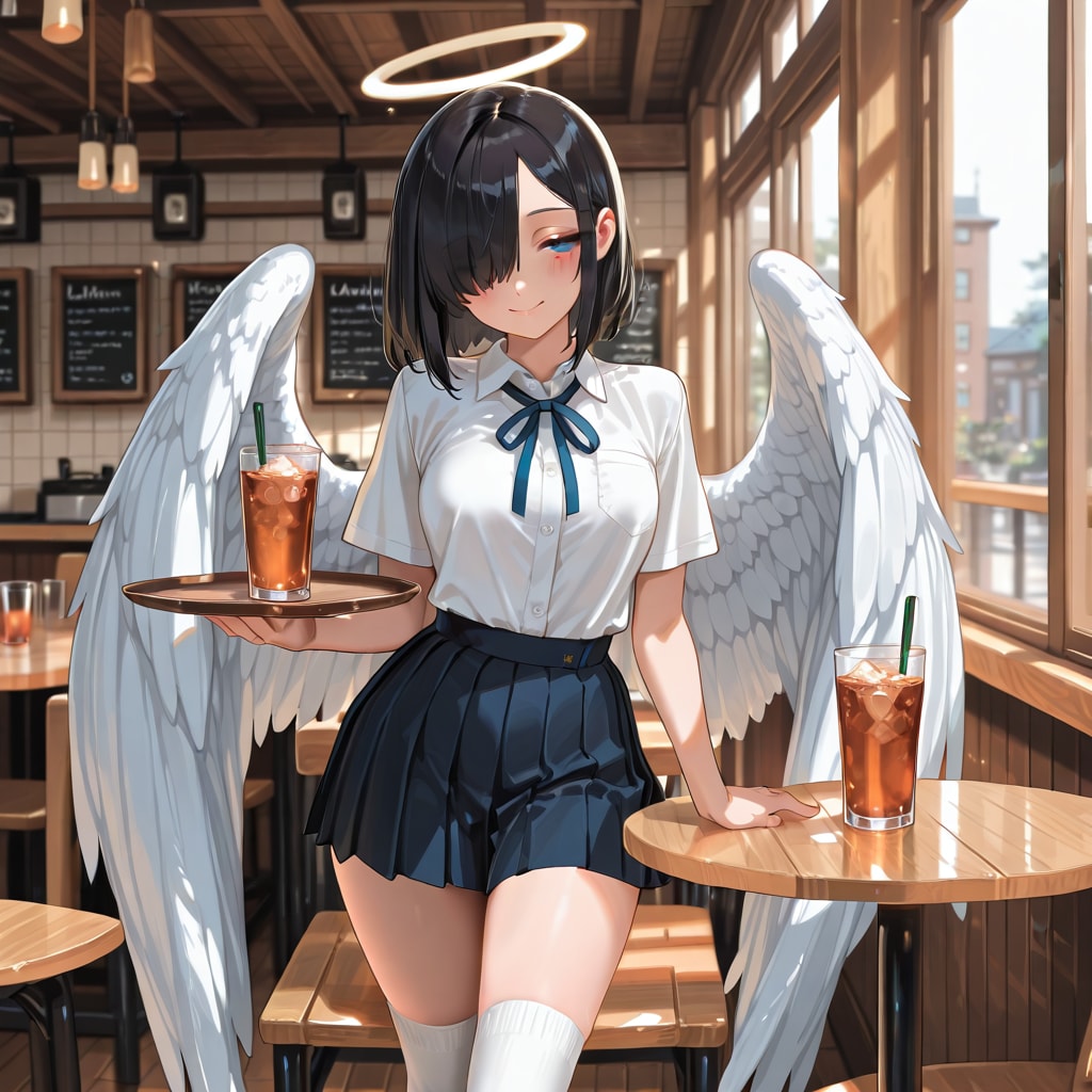 片目隠れ天使さん、カフェにて | の人気AIイラスト・グラビア