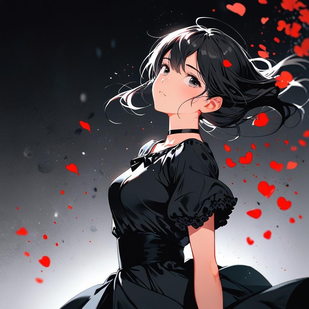 黒い服の女性　散る花びら