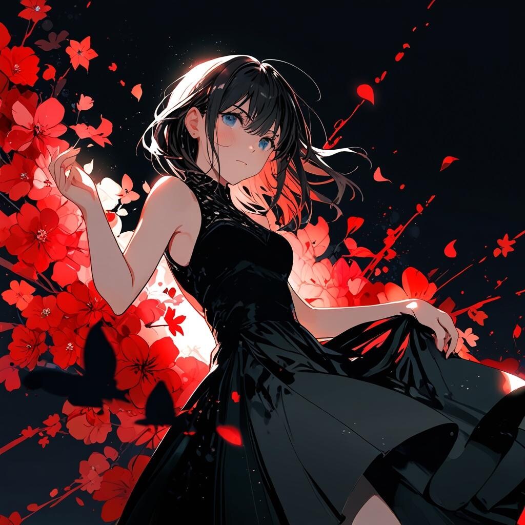 黒い服の女性　散る花びら