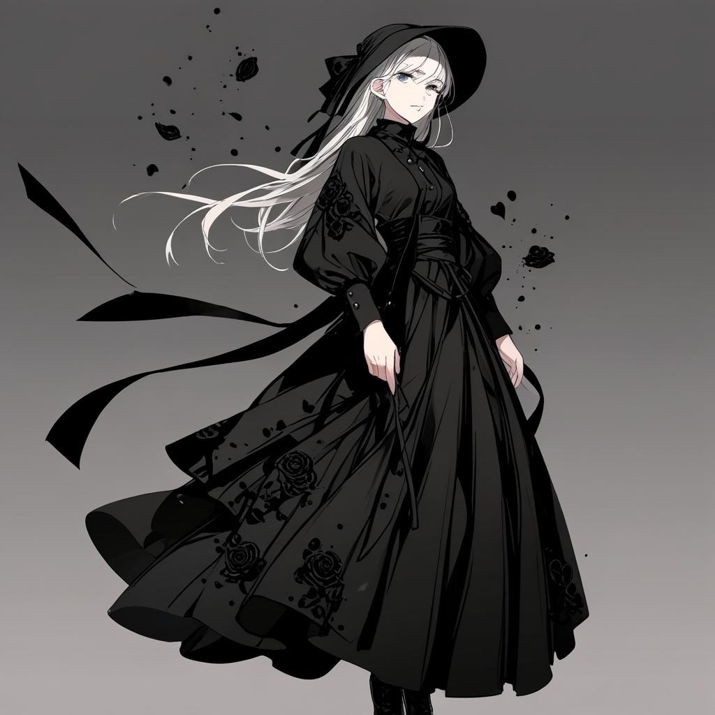 黒い服の女性　散る花びら