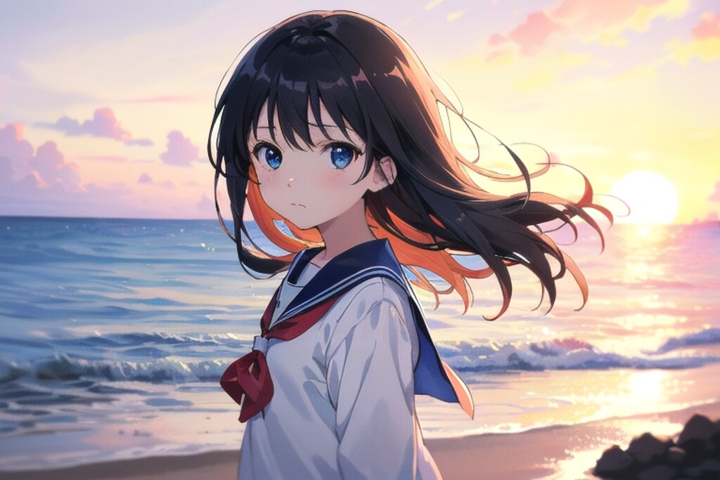 夕陽の砂浜(セーラー服)(12)
