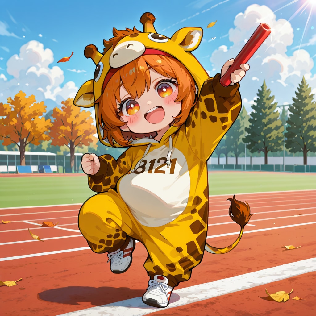 スポーツの秋のキリン着ぐるみちび子ちゃん