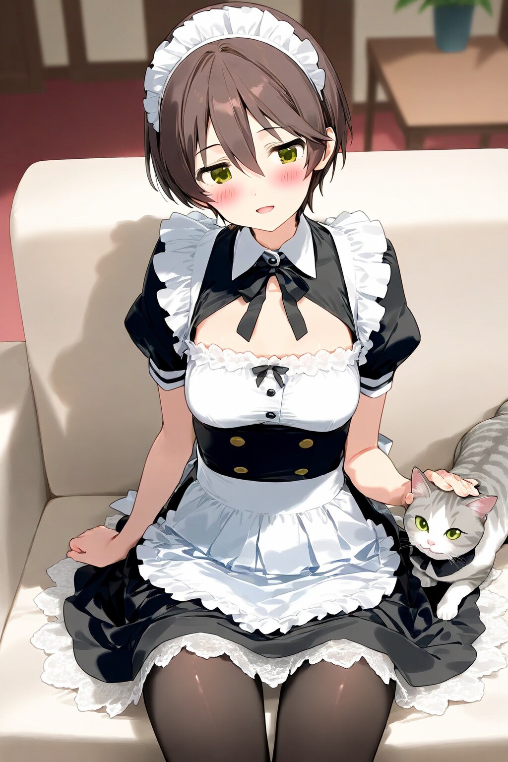 猫を撫でるメイドさん