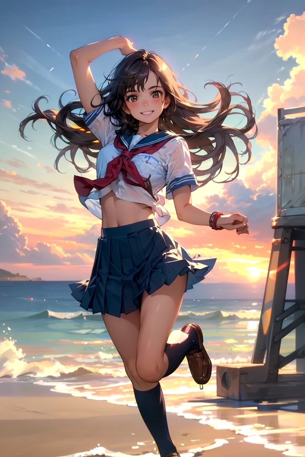 夕焼けの海で