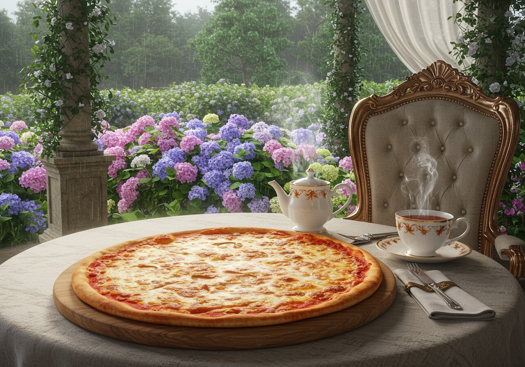 雨の紫陽花庭園で優雅なティータイム