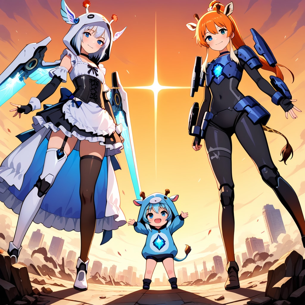 巨大ロボとキリンフーディーお姉さんとキリン着ぐるみちび子ちゃん