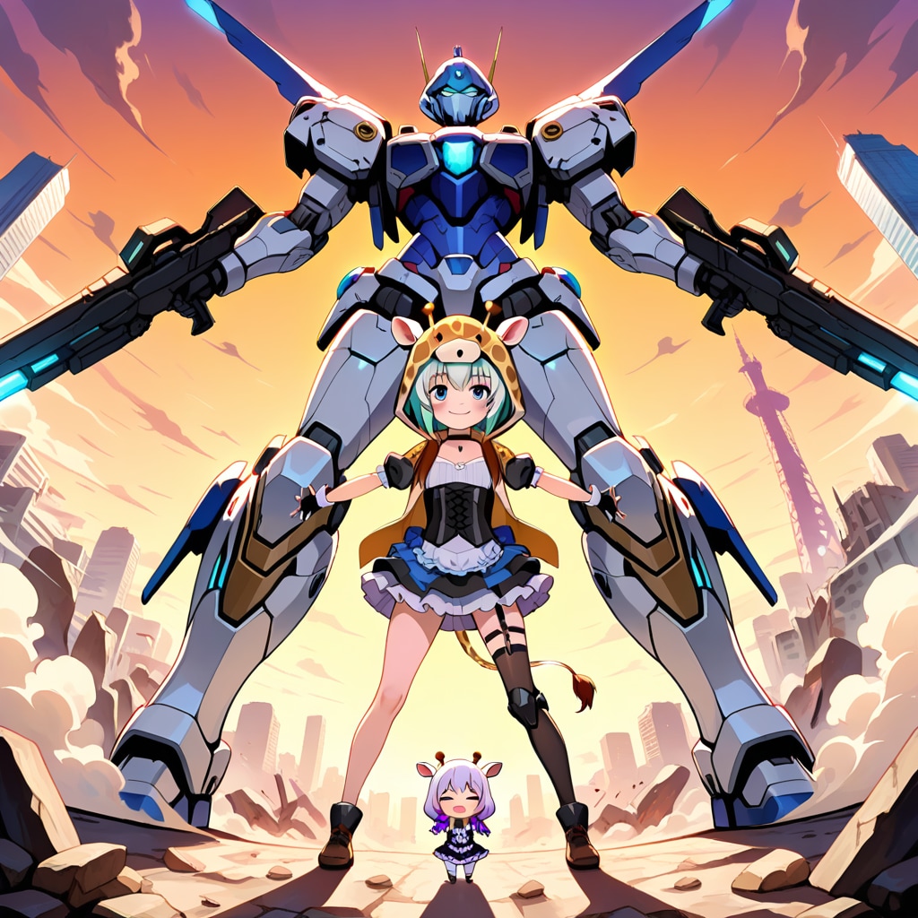 巨大ロボとキリンフーディーお姉さんとキリン着ぐるみちび子ちゃん