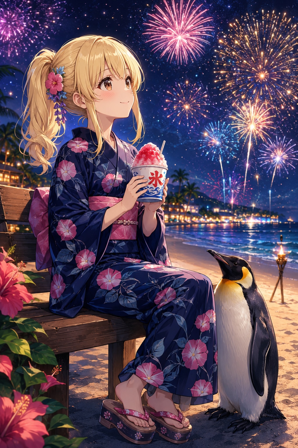 ポニーテールの万里奈さんとペンギン