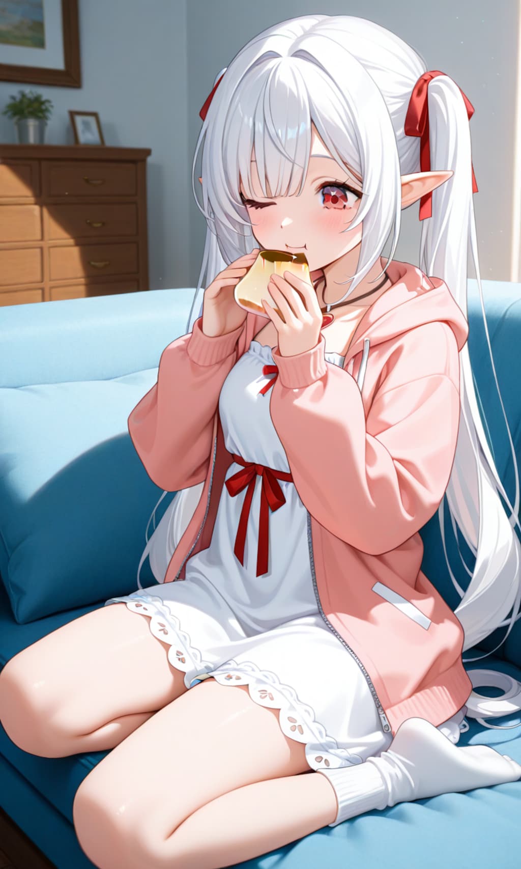 プリンを食べるシロネさん？(￣～￣)