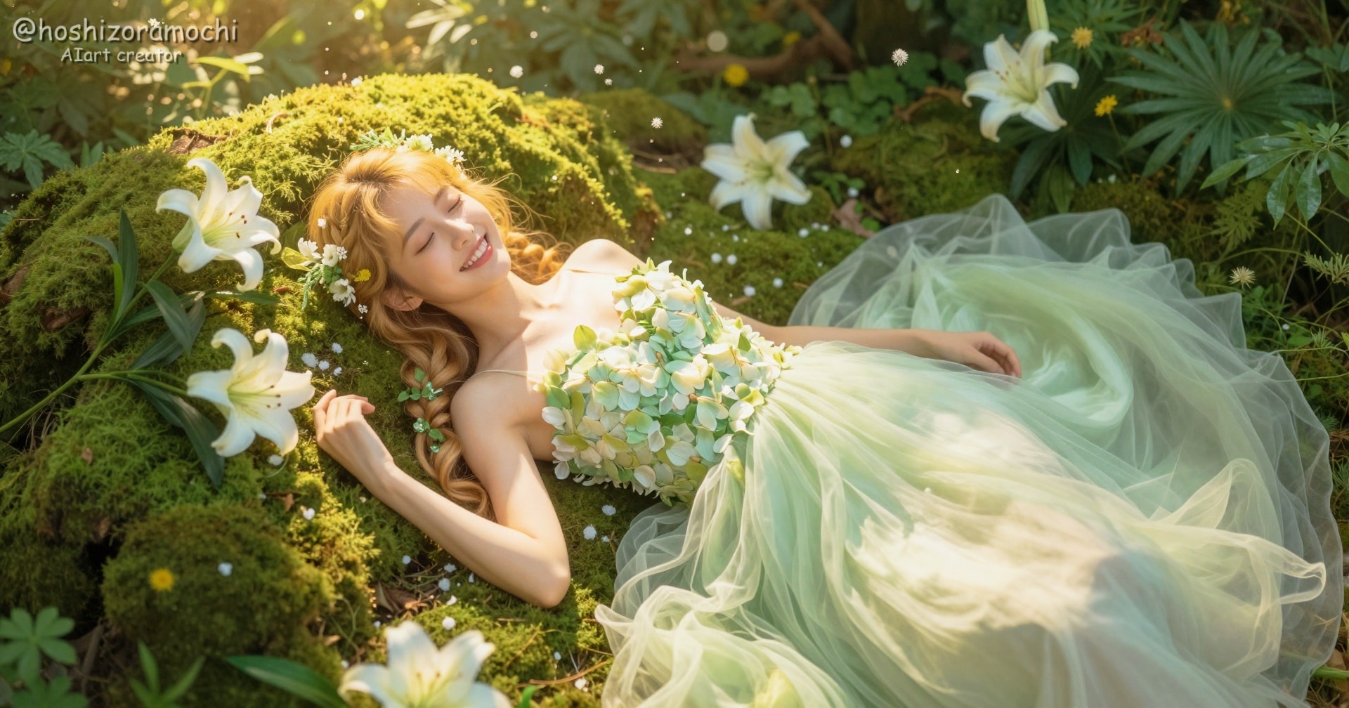 木漏れ日の妖精｜百合の香る苔のベッドで微睡む、新緑ドレスのノスタルジック・ミューズ🍃✨🌸🧚‍♀️