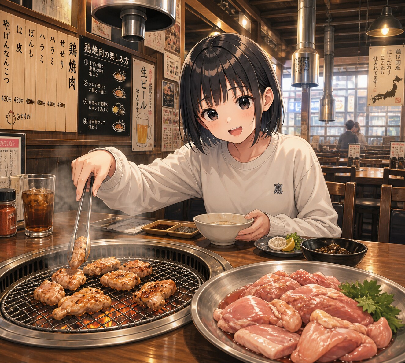 鶏焼き肉を食べている女の子