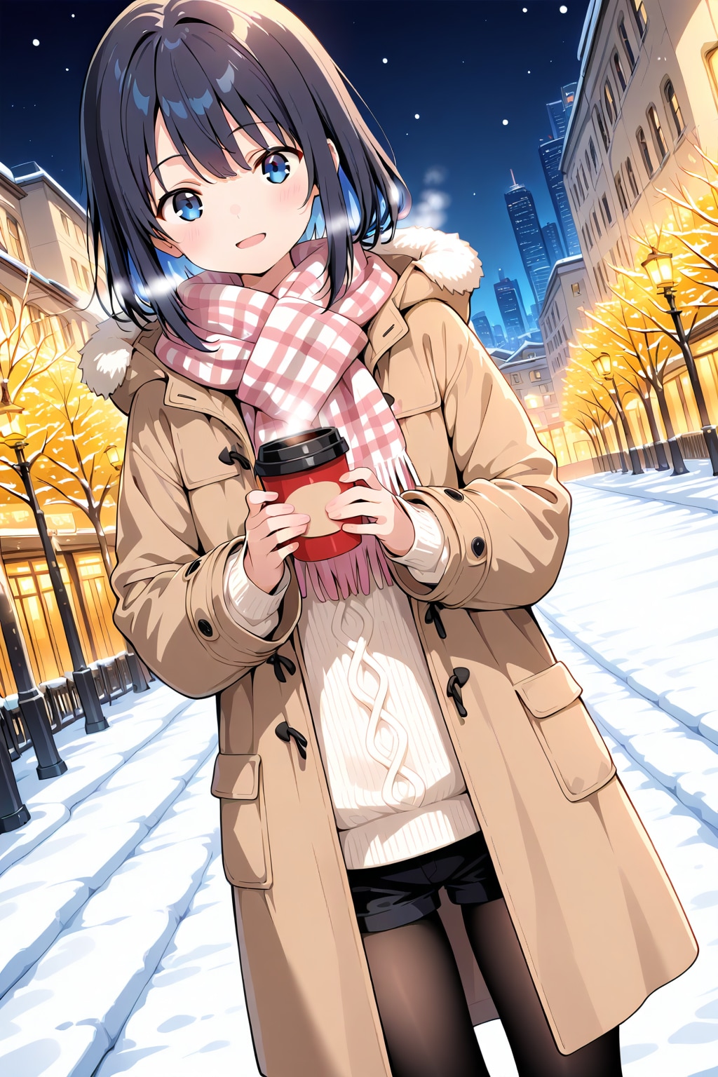 ホットドリンクを手に