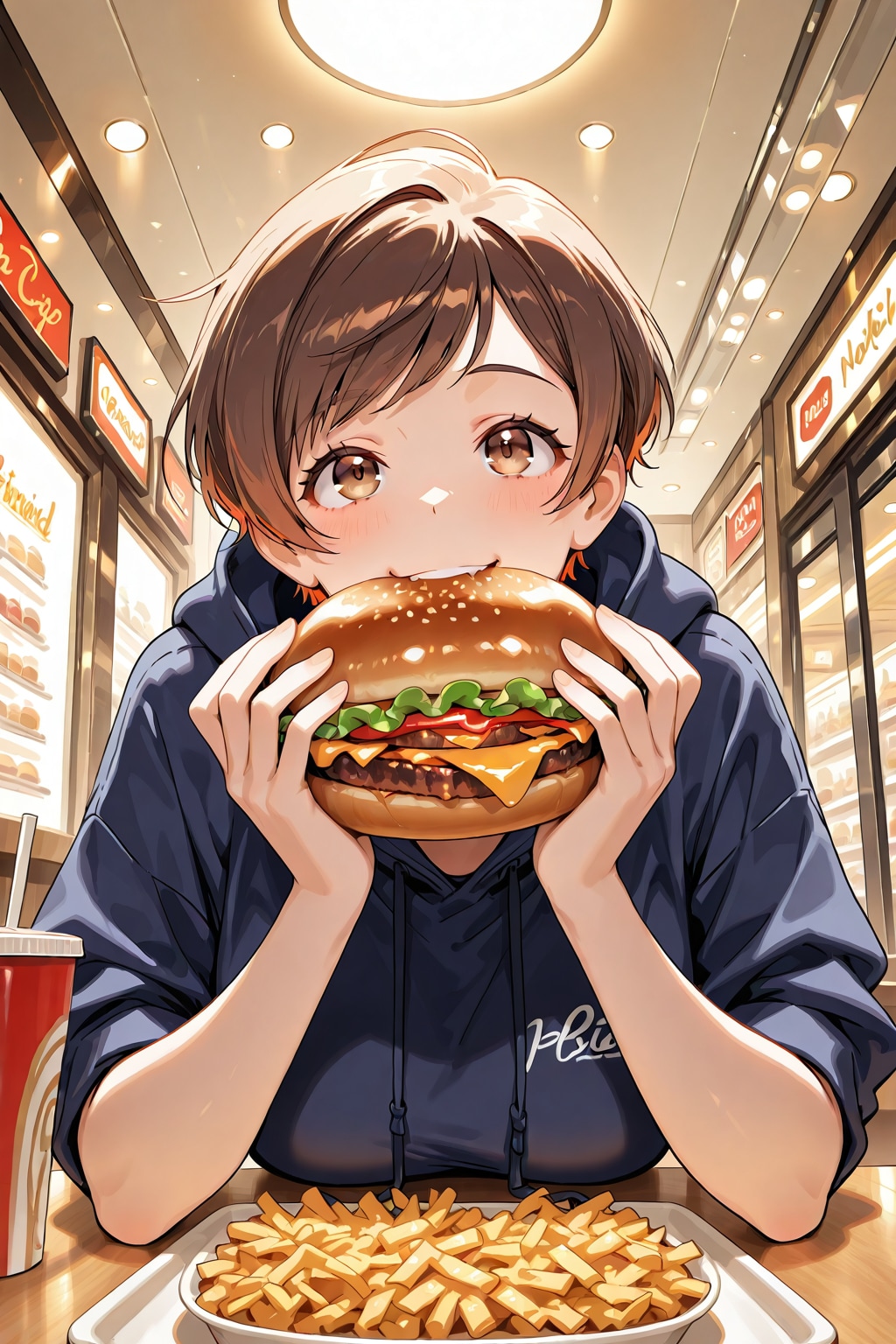 ハンバーガーを頬張っちゃう女子 | の人気AIイラスト・グラビア