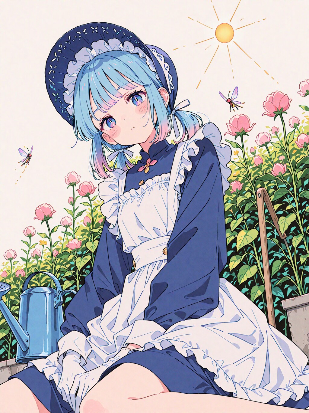 庭の手入れをするメイドさん