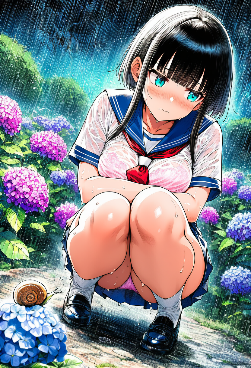 紫陽花園で出会った濡れ透けJK