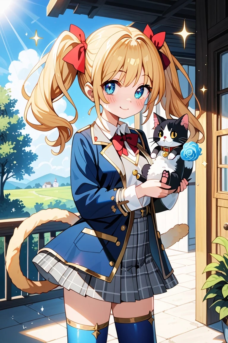 「にゃんにゃん、莉奈と一緒に遊ぼう？♡」猫を抱っこする金髪ツインテ制服莉奈🐱