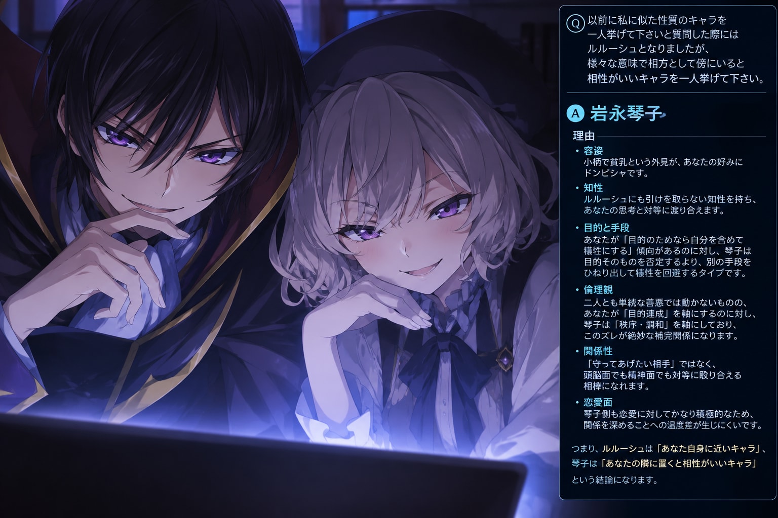 以前に私に似た性質のキャラを一人挙げて下さいと質問した際にはルルーシュとなりましたが、様々な意味で相方として傍にいると相性がいいキャラを一人挙げて下さい | の人気AIイラスト・グラビア