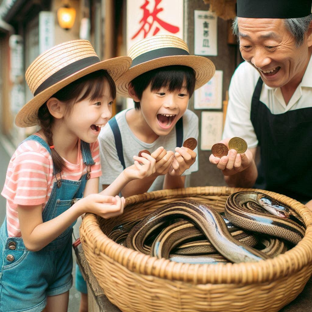 川でウナギを捕る→売る