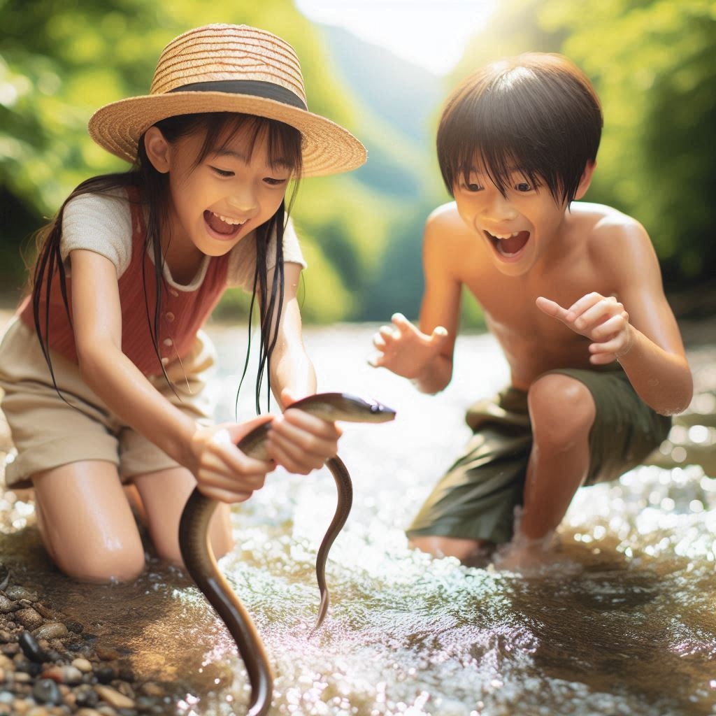 川でウナギを捕る→売る