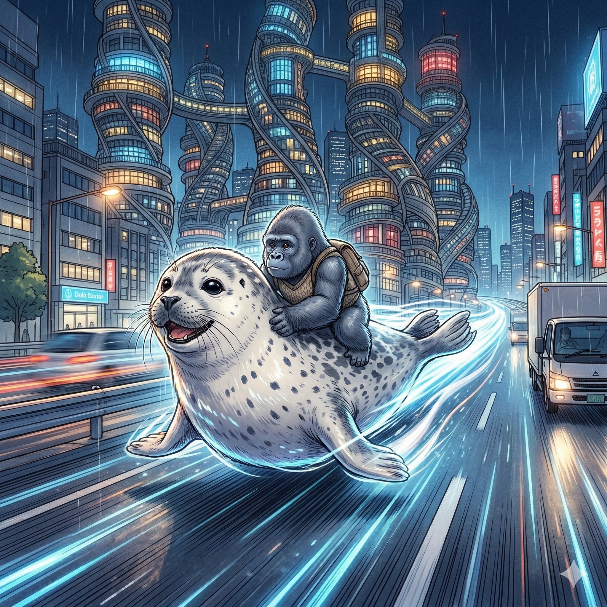 高速道路疾走アザラシに乗るセンチメンタルゴリラ～くねくねタワマンを添えて～ | の人気AIイラスト・グラビア