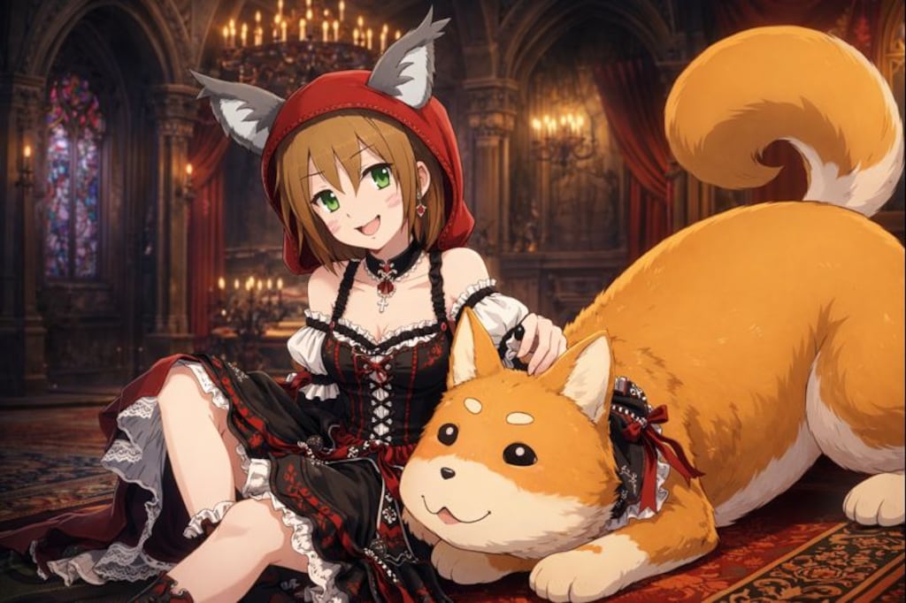 ゴシックっぽいドレスを着た赤ずきんと中の人がいそうなでかい柴犬