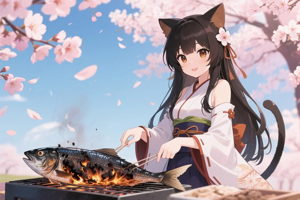 桜の下でおさかにゃを焼くさくらちゃん