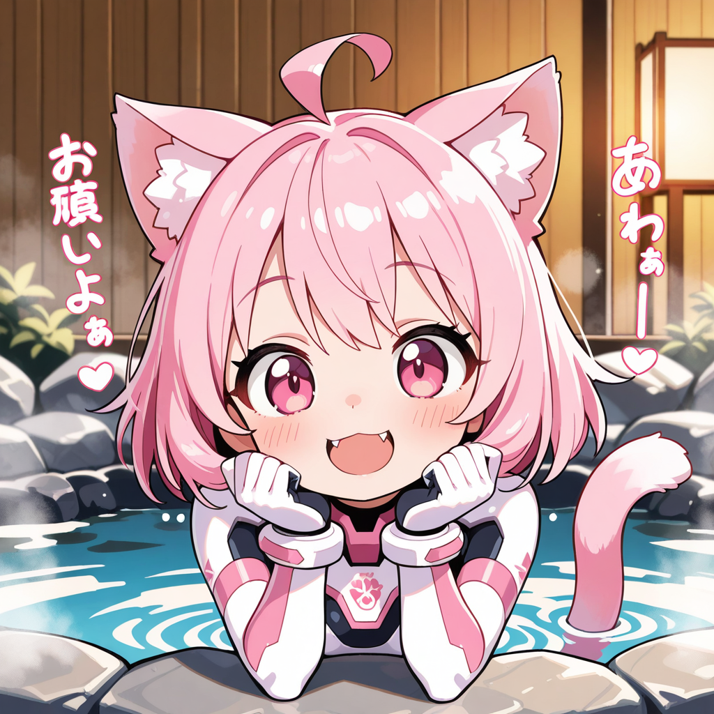パワードスーツを着て温泉に入るねこちゃん