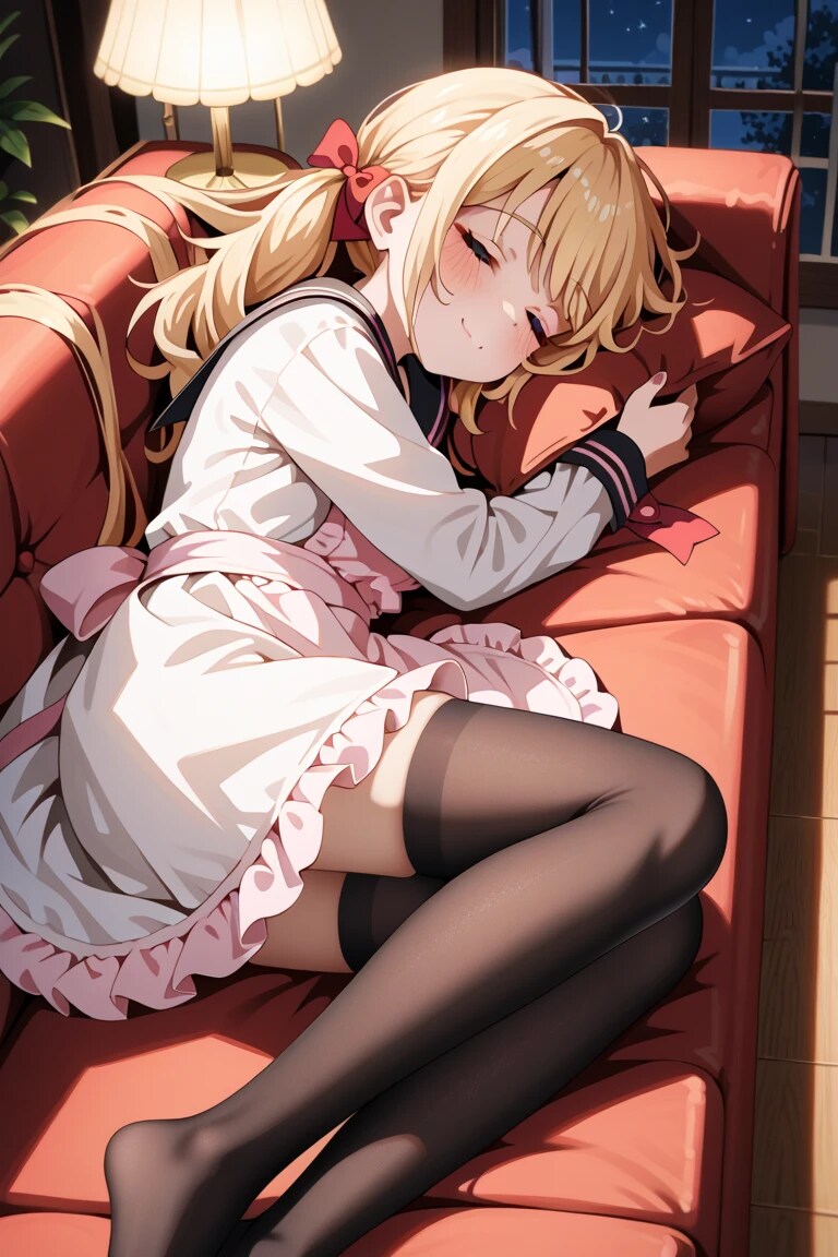 金髪ツインテメイド莉奈の夜のソファで幸せ照れ顔♡ 黒ニーハイがかわいい…🌙 | の人気AIイラスト・グラビア