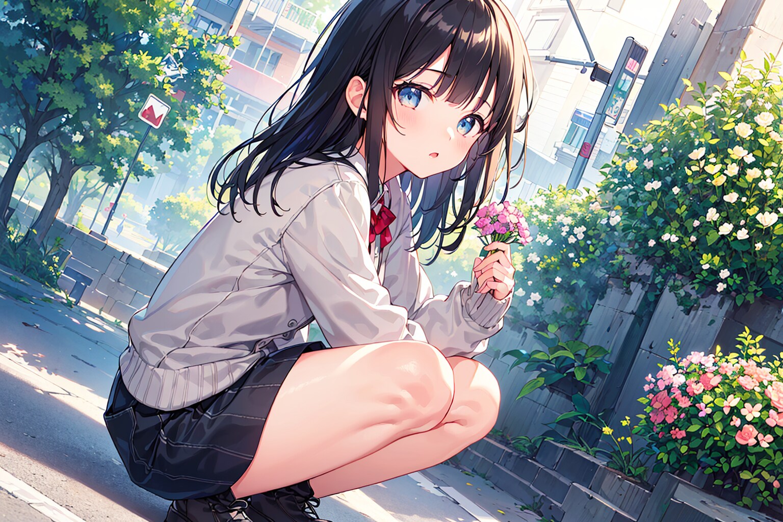 道端で花を摘む女の子