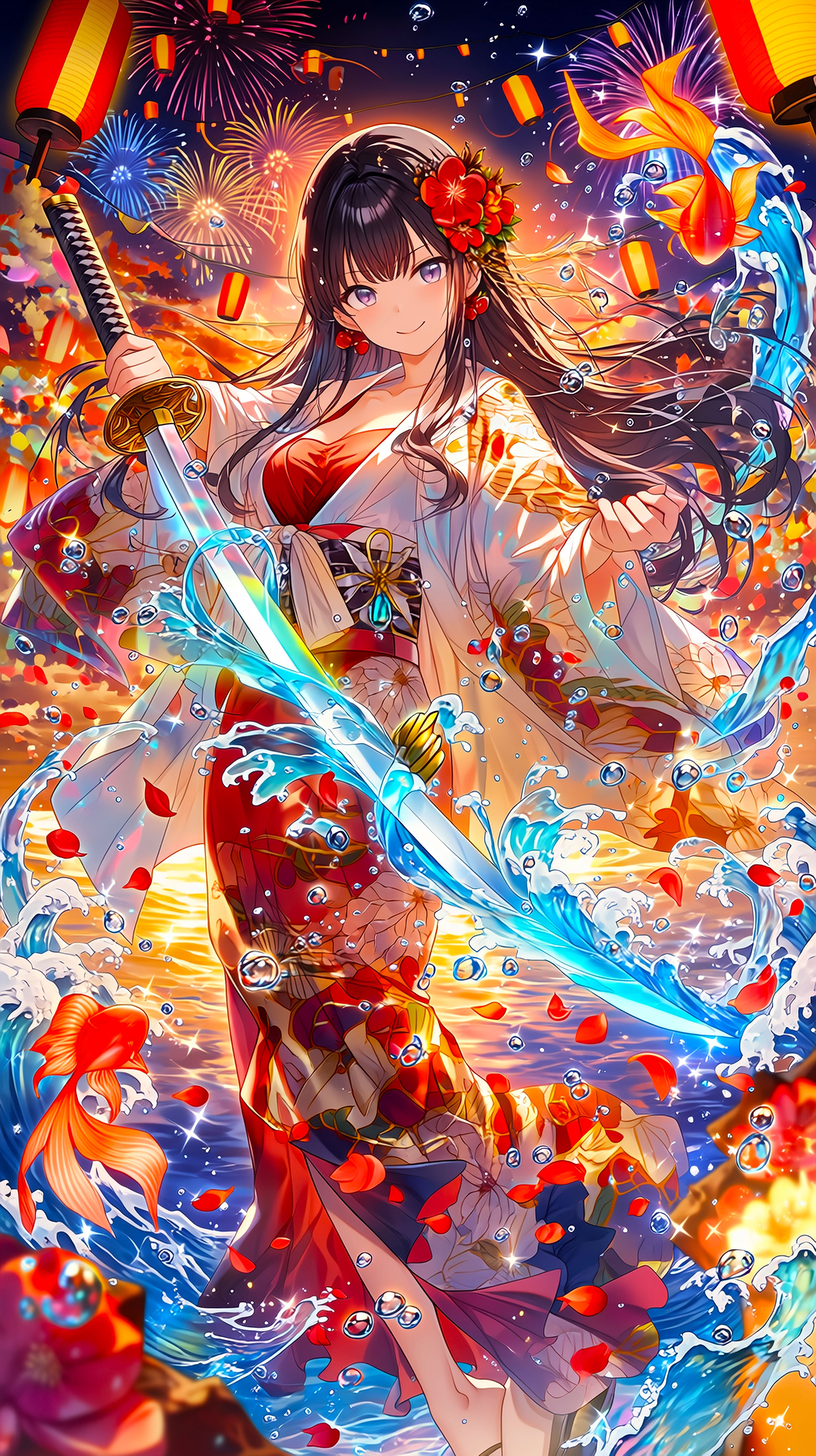 花火舞う夏祭りの水剣乙女